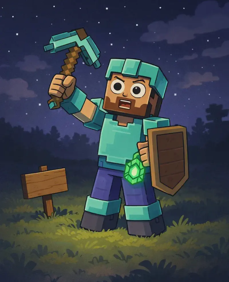 Steve, a blocky Minecraft-style figure with a square head, tan/light-brown skin, short dark-brown hair, a full dark-brown beard, and large round white eyes with black pupils, stands on the right side of the image on a grassy surface at nighttime, wearing cyan diamond armour with a matching helmet, chest plate, and leggings over his canonical teal/cyan shirt and deep purple-blue pants, with dark grey boots with lighter grey tops. He holds a wooden shield at his side and his cyan diamond pickaxe in his other hand, looking around with a surprised, confused expression, facing the viewer at a three-quarter angle. The scene is dark with a starry sky and scattered clouds overhead, and the terrain around Steve is open grassland — a stark contrast to the underground cave he was just in. A wooden sign sits in the dirt nearby to Steve's left. The glowing emerald, with its strange deeper-green inner flame, rests in his hand or at his belt, casting faint green light.