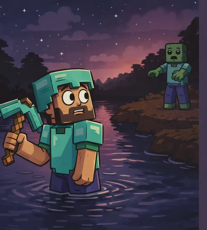 The illustrated scene occupies the left two-thirds of the image, while the entire right side is a large, flat, solid muted-purple panel with no artwork, left blank as empty space for text. In the scene, Steve, a blocky Minecraft-style figure with a square head, tan/light-brown skin, short dark-brown hair, a full dark-brown beard, and large round white eyes with black pupils, is wading through a dark river with water up to his waist, wearing cyan diamond armour with a matching helmet and chest plate over bare tan arms, his dark blue-purple leggings visible just beneath the waterline. He raises a cyan diamond pickaxe with a brown wooden handle in one hand and looks back over his shoulder at a three-quarter angle with a worried, open-mouthed expression. On the dirt riverbank behind Steve to the right, Zombie stands watching with hollow, dull eyes, an open mouth, and outstretched arms, its green-skinned blocky humanoid form stationary, wearing a cyan shirt and blue-purple pants. The scene is set outdoors at nighttime, with a starry sky, dark clouds, a pink-purple glow on the horizon, silhouetted trees, and dark, reflective rippling water filling the foreground around Steve.