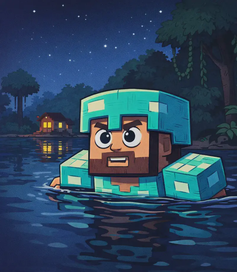 Steve, a blocky Minecraft-style figure with a square head, tan/light-brown skin, short dark-brown hair, a full dark-brown beard, and large round white eyes with black pupils, is swimming in a river at nighttime on the right side of the image, his head and upper body visible above the dark water, wearing cyan diamond armour with a matching helmet and chest plate visible above the waterline. He looks determined and focused, swimming toward the left and facing the viewer at a three-quarter angle. In the background on the left, a small wooden cabin sits near the riverbank among dense tall jungle trees with overhanging vines and thick ferns, its structure reflected in the still water like a painting. The sky is dark nighttime blue with stars overhead, casting a dim, moody light over the jungle-lined river scene.