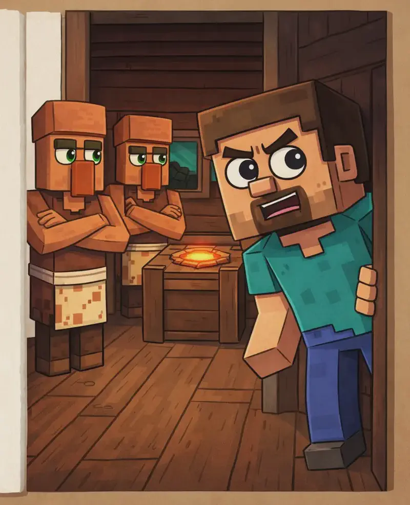 On the right side of the image, Steve peers through the doorway of a wooden hut, leaning forward with one hand gripping the door frame, his mouth open and brows furrowed in an alarmed, indignant expression. Steve is a blocky, Minecraft-style humanoid with a cube-shaped head, short brown hair, dark brown eyebrows, large dark eyes, a wide nose, and a short brown beard/goatee on light peach skin, wearing a teal/cyan short-sleeved t-shirt with slightly darker teal patches, blue-indigo pants, and dark gray shoes. Inside the hut, two Villagers stand side by side with their arms crossed, both turned so their green eyes are angled toward Steve with stern, unwelcoming looks. The Villagers have the classic Minecraft villager appearance with large dark orange/terracotta noses, thick dark unibrows, flat-topped brown head pieces, sleeveless brown tunics with pale cream apron/sashes around their waists, and dark brown boots. Beside them sits a wooden crafting table with a glowing orange item on its surface, and a small window with a teal-green view is set into the dim wooden wall behind them. The interior has wooden plank walls and floors typical of a Minecraft village building. The left side of the image is plain parchment, left clear for text.
