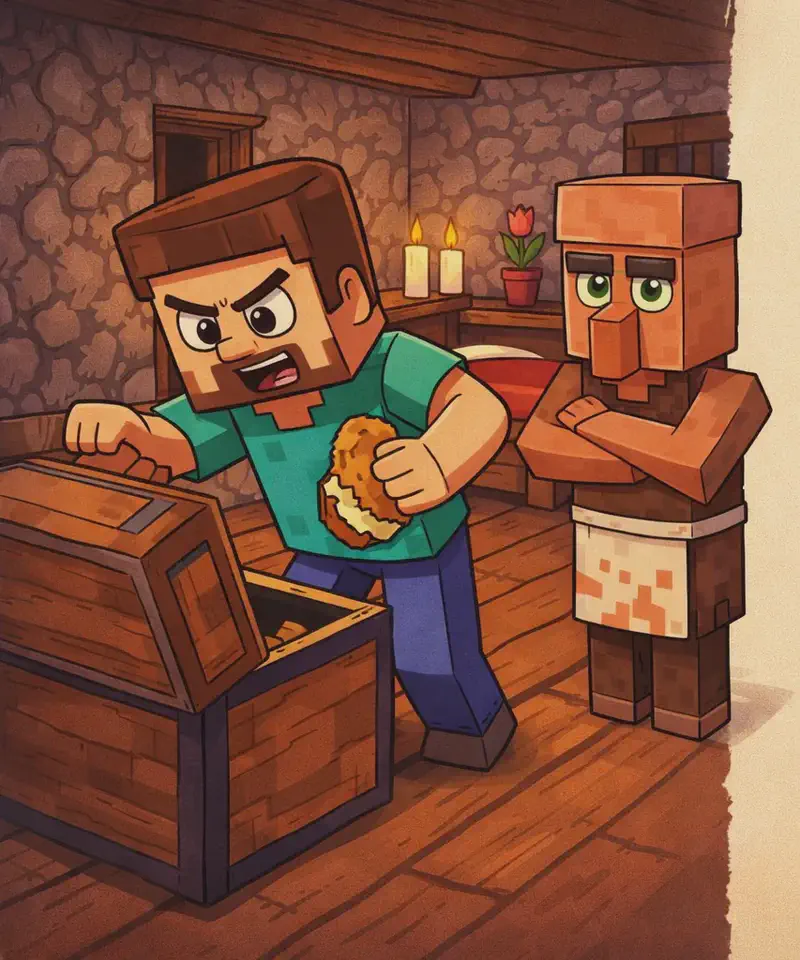 On the left side of the image, Steve stands inside a small house, leaning over an open chest and reaching in with one hand, a piece of bread in his other hand with a bite taken out of it. Steve is a blocky, Minecraft-style humanoid with a cube-shaped head, short brown hair, dark brown eyebrows, dark purple-blue eyes, a wide nose, and a short brown beard/goatee on light peach skin, wearing a teal/cyan short-sleeved t-shirt with slightly darker teal patches, blue-indigo pants, and dark gray shoes. The indoor scene has wooden plank floors, stone walls, candles providing warm lighting, a red bed in the background, and a potted tulip on a surface. A Villager stands nearby inside the house, with the classic blocky angular body, large dark orange/terracotta nose, flat-topped brown head piece, and sleeveless brown tunic. The right side of the image is plain parchment background reserved for text.