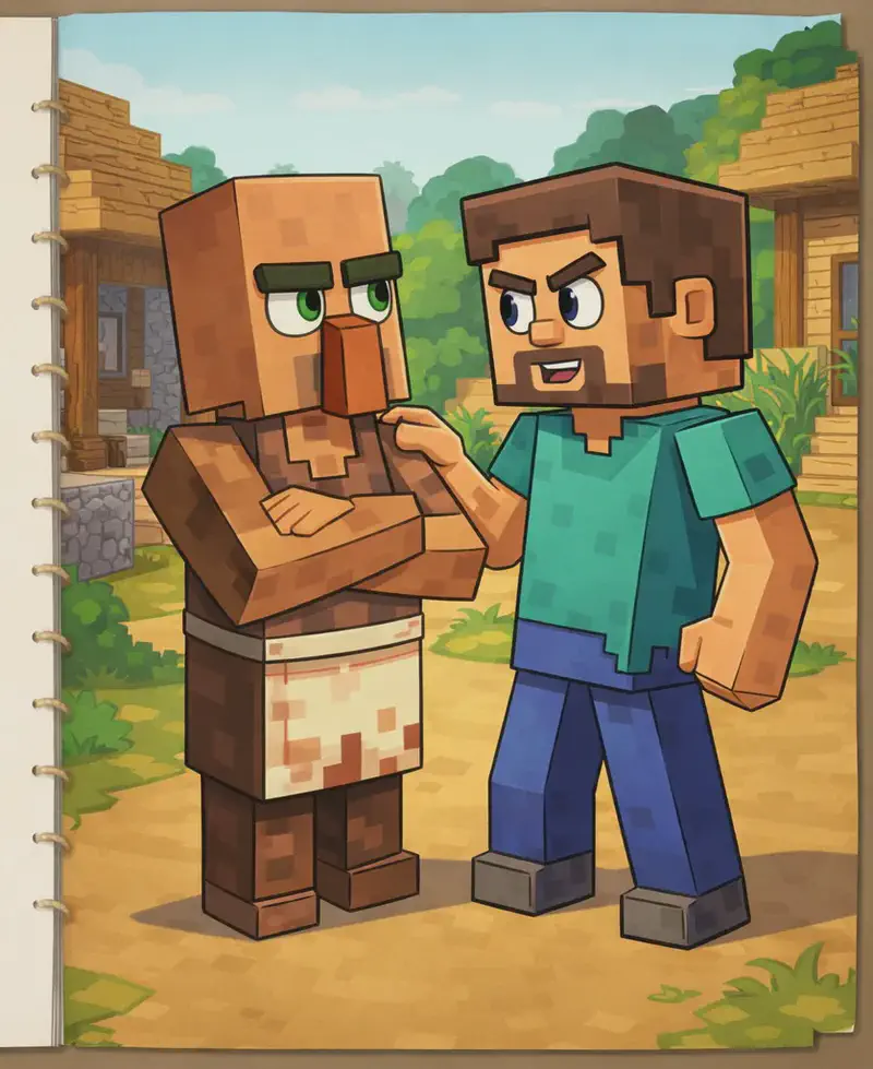 On the right side of the image, Steve stands close to Villager in an outdoor village setting with wooden buildings visible in the background. Steve is a blocky, Minecraft-style humanoid with a cube-shaped head, short brown hair, dark brown eyebrows, dark purple-blue eyes, a wide nose, and a short brown beard/goatee on light peach skin, wearing a teal/cyan short-sleeved t-shirt with slightly darker teal patches, blue-indigo pants, and dark grey shoes. Steve is reaching out and touching Villager's shoulder with one hand. Villager faces Steve with a neutral expression, large dark orange/terracotta nose bobbing slightly as if mid-greeting hum. Villager wears a sleeveless brown tunic/robe with a white belt/sash at the waist, a cream/beige apron with faint reddish-brown spots, and dark brown boots. The scene is set during daytime with warm lighting, and village structures and greenery frame the background. The left side of the image is plain parchment, left clear for text.