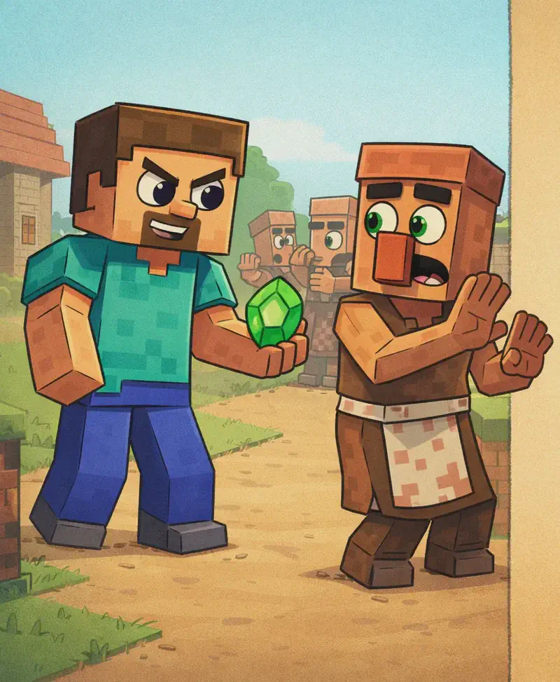 On the left side of the image, Steve stands facing Villager, holding out a glowing green emerald in one outstretched hand. Steve is a blocky, Minecraft-style humanoid with a cube-shaped head, short brown hair, dark brown eyebrows, dark purple-blue eyes, a wide nose, and a short brown beard/goatee on light peach skin, wearing a teal/cyan short-sleeved t-shirt with slightly darker teal patches, blue-indigo pants, and dark grey shoes. Villager leans back nervously, eyes wide with alarm, looking side to side as if seeking an escape. Villager has a blocky angular body, large square head, medium-brown skin, a prominent oversized dark orange/terracotta nose, thick dark eyebrows, green eyes, a flat-topped brown head piece, a sleeveless brown tunic/robe with a white belt/sash, a cream/beige apron with faint reddish-brown spots, and dark brown boots. Several other villagers cluster behind Villager in the background, shuffling restlessly with anxious expressions and raised hands. The scene is set outdoors in the village during daytime. The right ~40% of the image is left as plain parchment for text overlay.