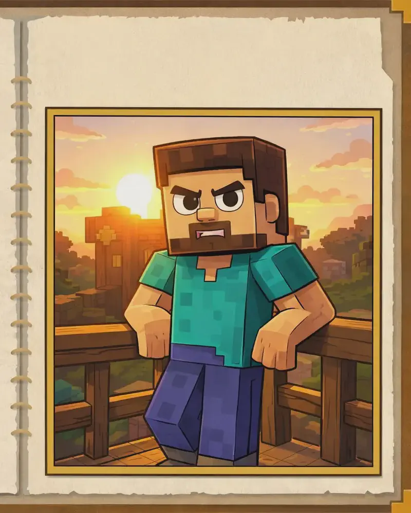 On the right side of the image, Steve stands facing the viewer with a serious, contemplative expression, positioned on a wooden deck or porch and leaning against a wooden fence. Steve is a blocky, Minecraft-style humanoid with a cube-shaped head, short brown hair, dark brown eyebrows, dark purple-blue eyes, a wide nose, and a short brown beard/goatee on light peach skin, wearing a teal/cyan short-sleeved t-shirt with slightly darker teal patches, blue-indigo pants, and dark grey shoes. The scene is set outdoors at sunset, with warm golden-orange light and sun flare streaming from behind, casting Steve partly in silhouette. The sky is painted in gold and orange tones. The overall layout resembles an open journal or storybook, with the illustration framed in a gold-bordered panel on the lower right, and the left side left as blank parchment for text.