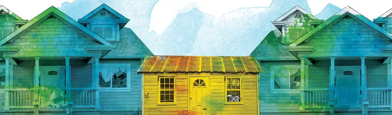 A row of colorful houses with a small yellow house in the center where a dog peers out the window.