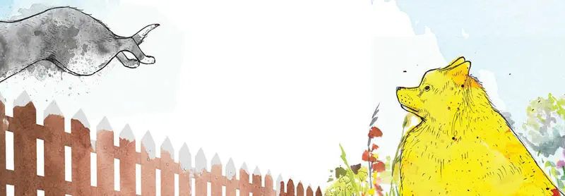 A gray dog leaps over a wooden fence while a yellow dog sits watching from a colorful garden.