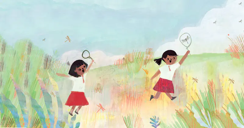 Two excited girls in school uniforms run through a colorful meadow swinging handmade nets at dragonflies flying around them.