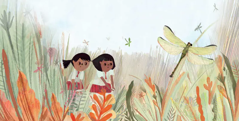Two girls in school uniforms walk through tall colorful grass and plants while a dragonfly hovers nearby.