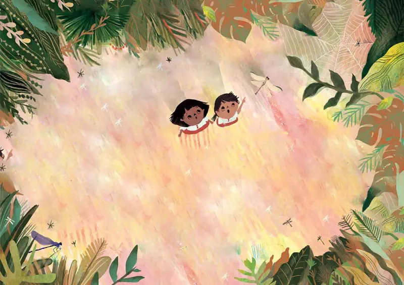 Two children look up at a dragonfly and spider web surrounded by lush tropical leaves and foliage from above.