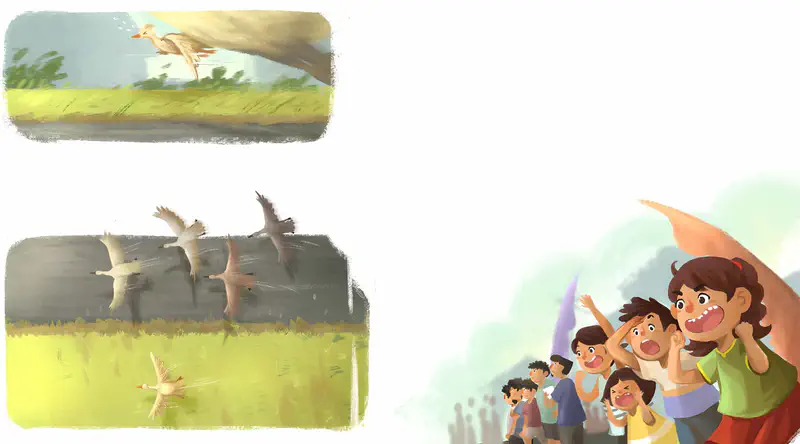 Multiple ducks race through the sky while children watch and cheer from below, waving their arms excitedly.