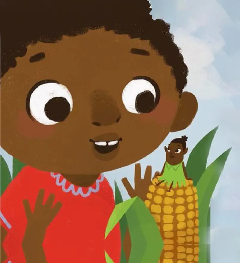 A surprised girl discovers a tiny elf in a green dress sitting on an ear of corn among tall green corn leaves.