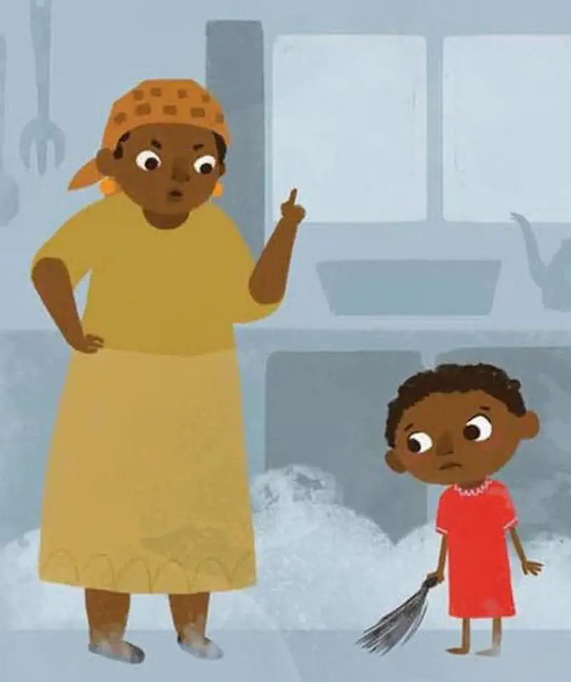 A mother in a yellow dress and orange headwrap points her finger while talking to a sad girl in red holding a broom in a kitchen.