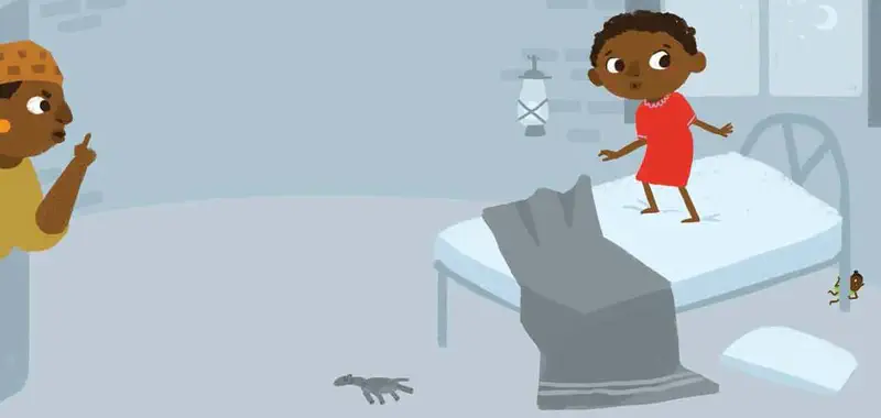 A sad girl in red sits on a rock by water at dusk with a bucket, while her mother scolds her in the background.