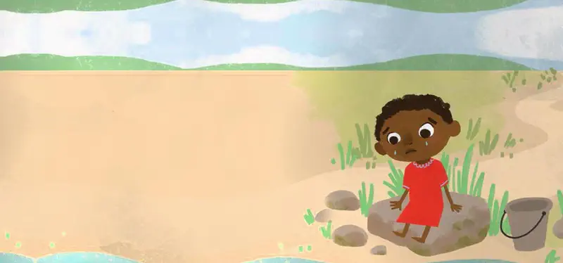 A circular vignette shows a girl walking alone on a winding path through blue misty hills singing with music notes around her.