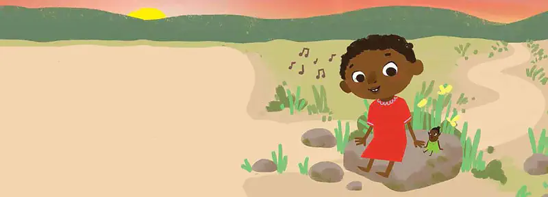 A girl in red sits on rocks at sunset holding hands with a tiny elf while singing together with music notes in the air.