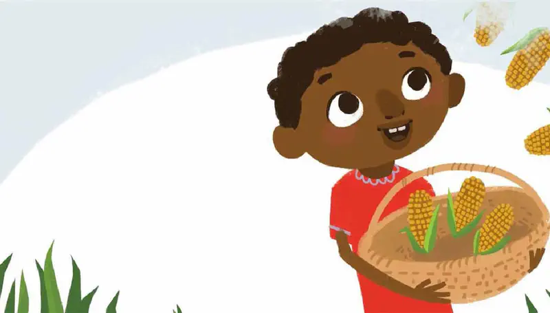 A happy girl in red holds a basket as corn cobs magically fly into it from the field around her.