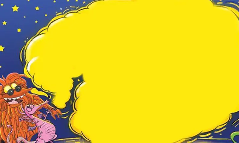 A pink dragon with a chilli mane breathes a massive golden flame lighting up the dark blue starry night sky.