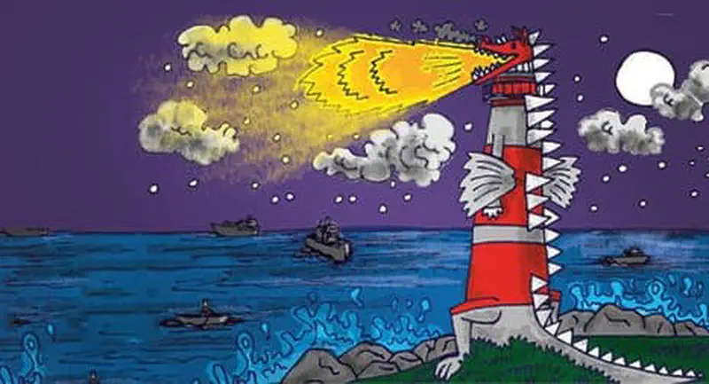A dragon breathes fire from a red and white striped lighthouse guiding boats safely across the dark ocean at night.