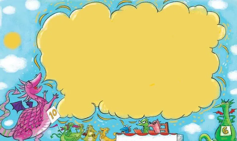 A pink dragon wearing number ten breathes an enormous yellow flame while other colorful dragons watch in the background.