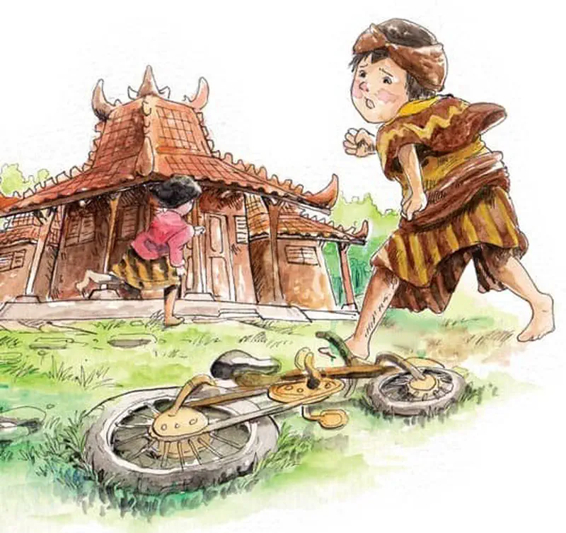 A frightened boy runs away as another child flees to a traditional house, with a broken tricycle on the ground.