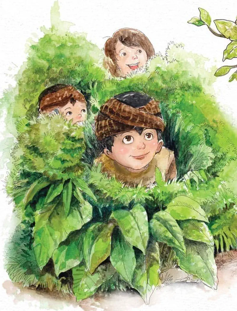 Three children hide among large green leaves and bushes, peeking out curiously with smiles on their faces.
