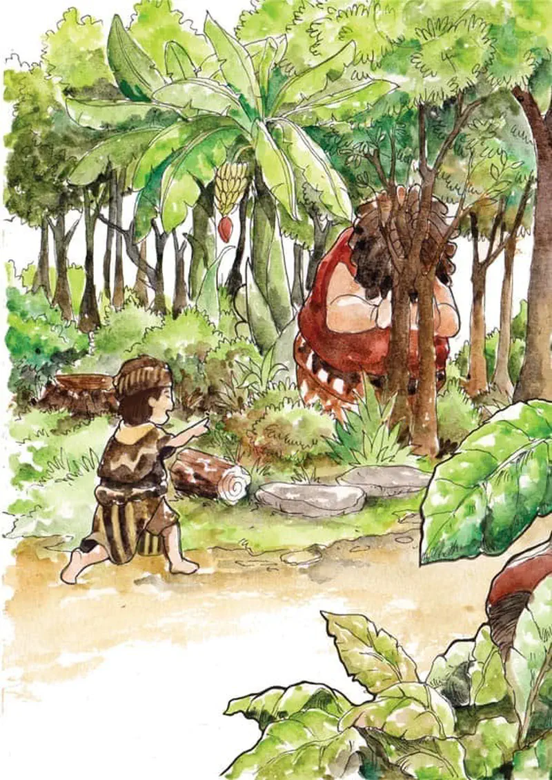 A small boy in brown clothes approaches a giant hiding behind trees in a lush tropical forest with banana plants.