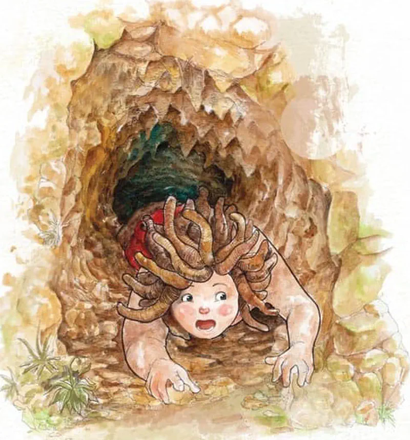 A giant with wild curly hair crawls out of a dark cave opening, looking surprised with hands on the ground.