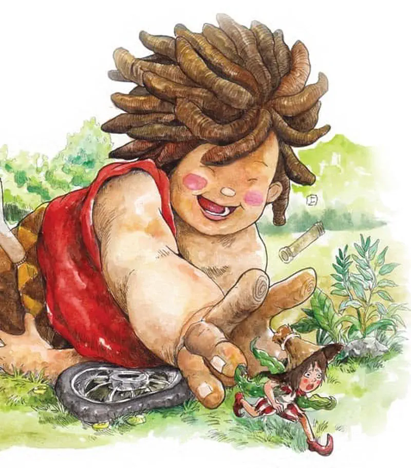A happy giant with curly hair lies on the grass playing gently with a tiny girl, holding a wheel nearby.