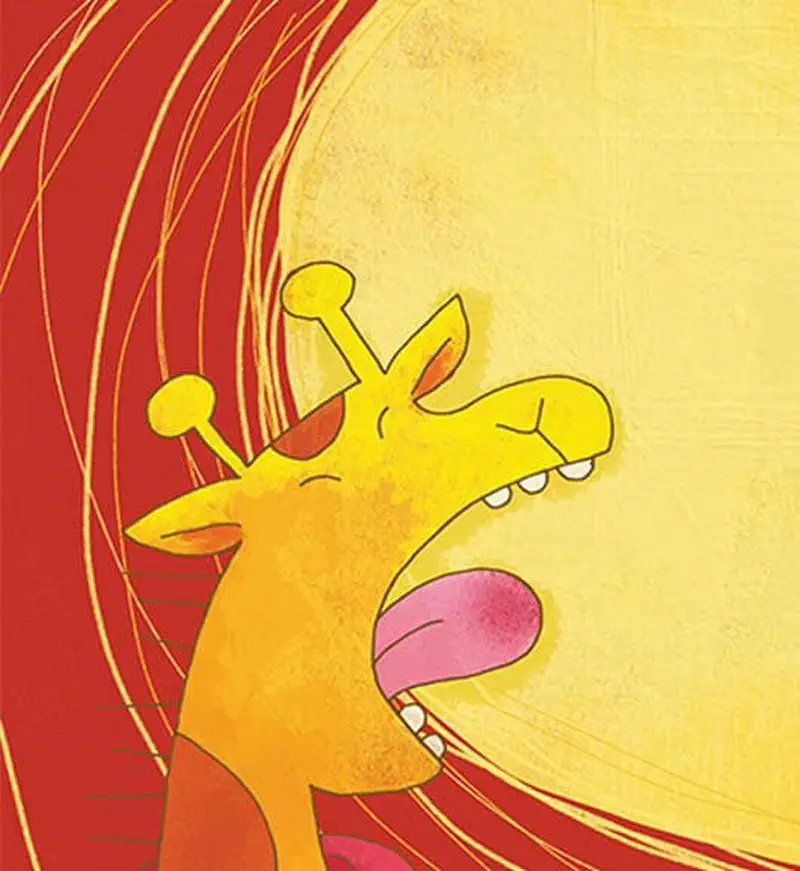 Baby giraffe opens its mouth wide with a pink tongue, eating the sun against a red and orange swirling background.