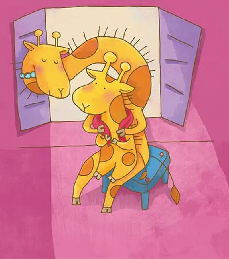 Mother giraffe hugs baby giraffe lovingly by an open window with the bright sun shining through against a pink room background.