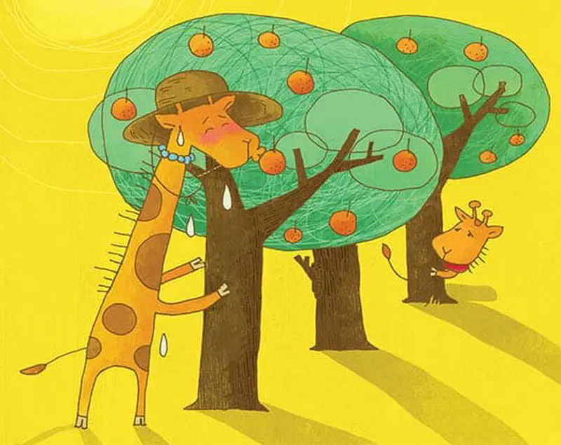 Mother giraffe wearing a hat sweats while picking oranges from trees as baby giraffe watches her work hard in the yellow hot sun.