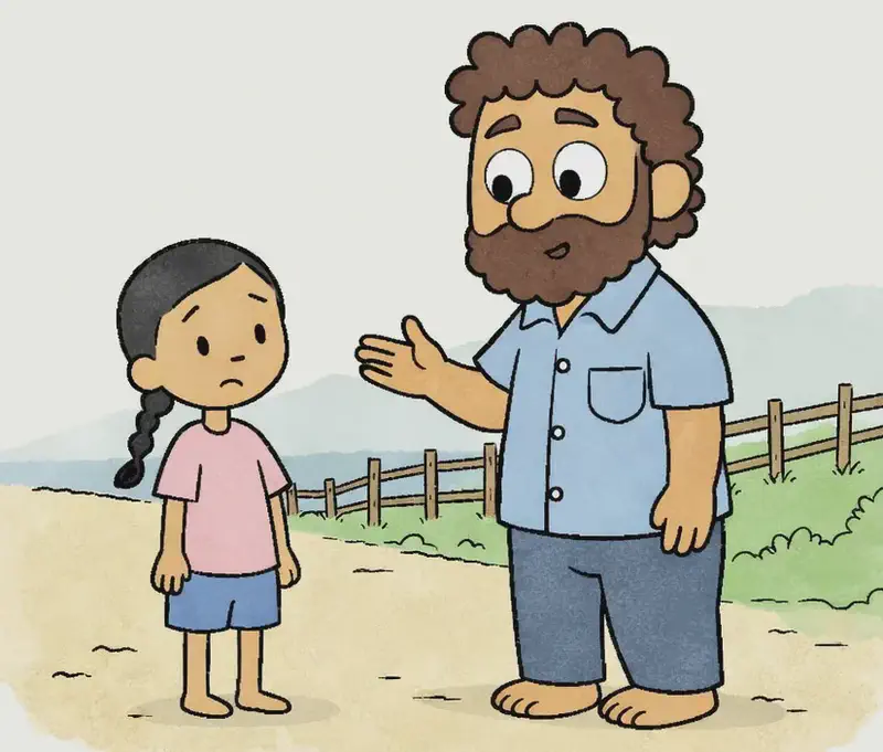 On the right side of the image, Dad stands in the foreground with a serious, reflective expression, one hand raised as he speaks and gestures. Panha stands to his left, facing Dad with a frown and her hands at her sides, listening with a wistful, unhappy expression. The outdoor scene is set along a dirt path bordered by a wooden fence and lush green vegetation, under an overcast, hazy sky suggesting smoggy conditions. A body of water is visible in the background.