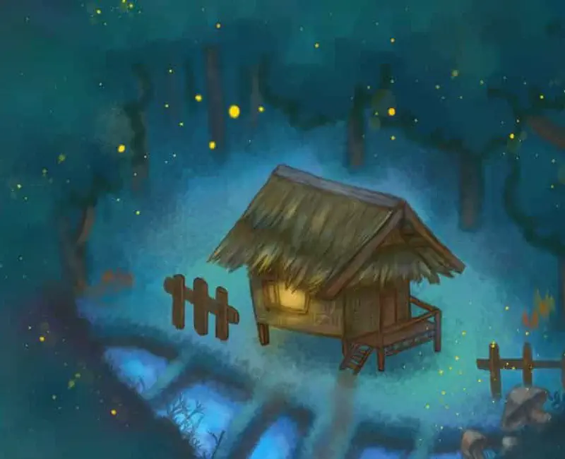 A thatched roof hut glows warmly at night surrounded by fireflies and trees in a misty blue forest.