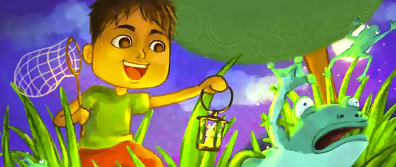 A happy boy with a net and lantern chases frogs at night in tall grass under a purple sky.