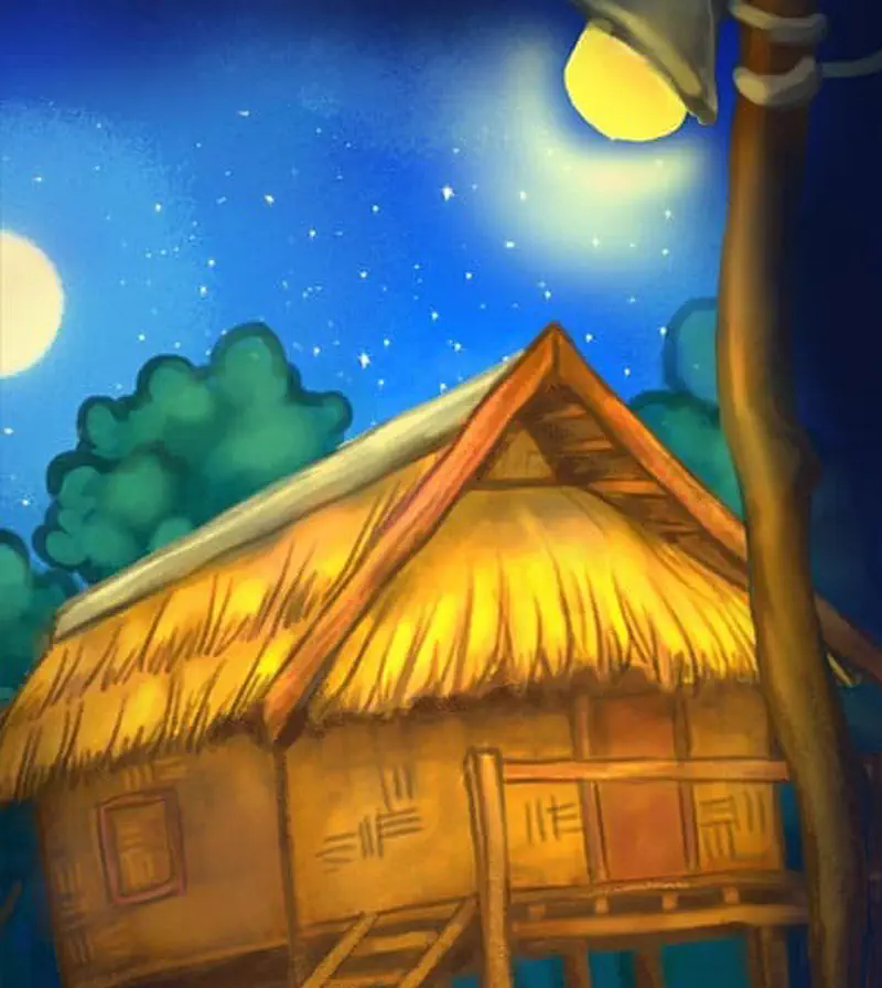 A stilt house with thatched roof under a starry night sky with the full moon glowing through trees.
