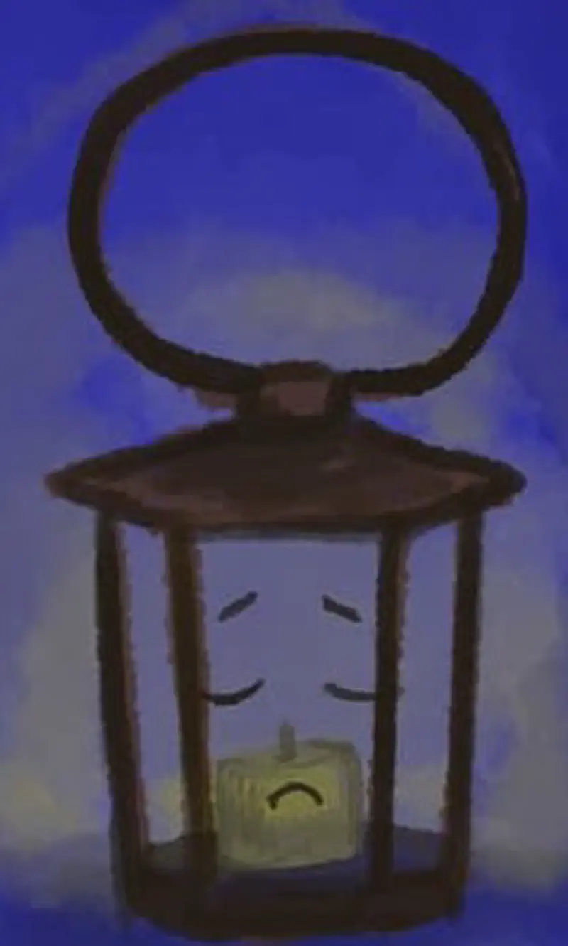 A sad lantern with a frowning face sits alone in the dark blue room, its candle barely lit.