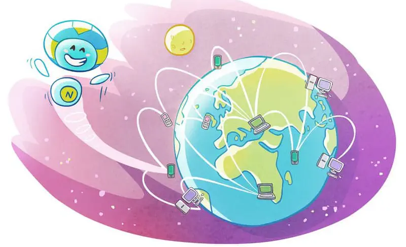 A friendly blue robot mascot floats in space near Earth, surrounded by orbiting phones, laptops, and computers connected by lines.