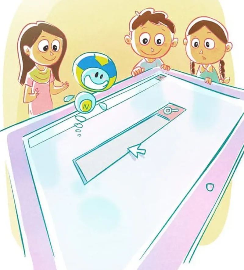 Three children watch a blue robot mascot bounce on a large computer screen showing a search bar with cursor.