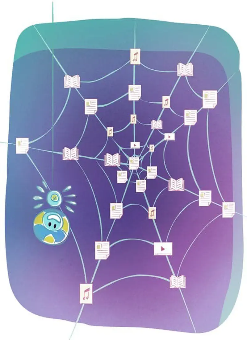 A blue robot mascot sits on a web-like network of connected pages, books, music and video icons against a purple background.