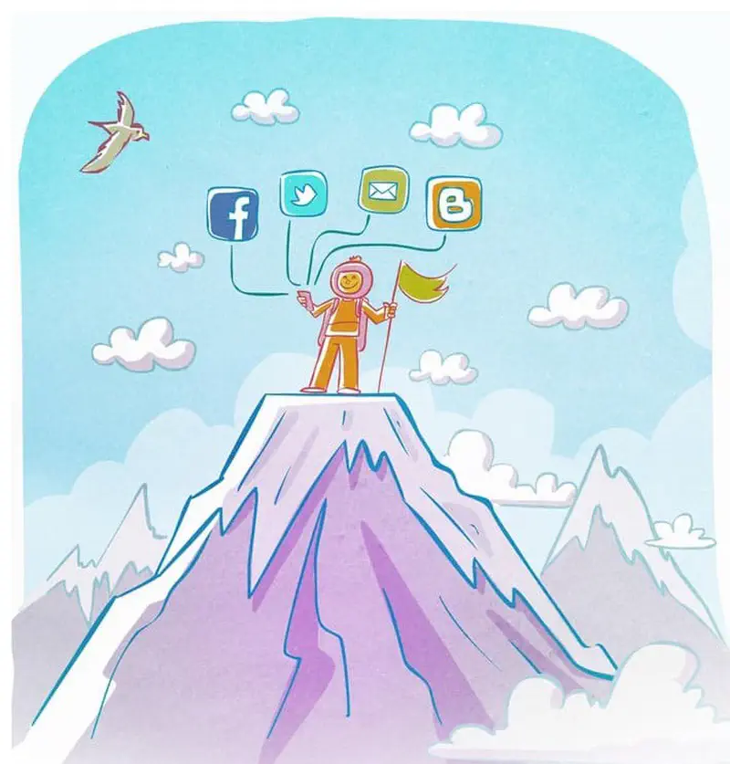 A person stands on a snowy mountain peak holding a flag, connected to social media icons floating above in the sky.