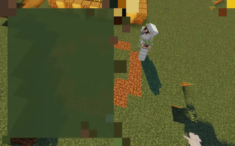 Top-down view of an iron golem walking in circles on a dirt path near hay bales in a Minecraft world.