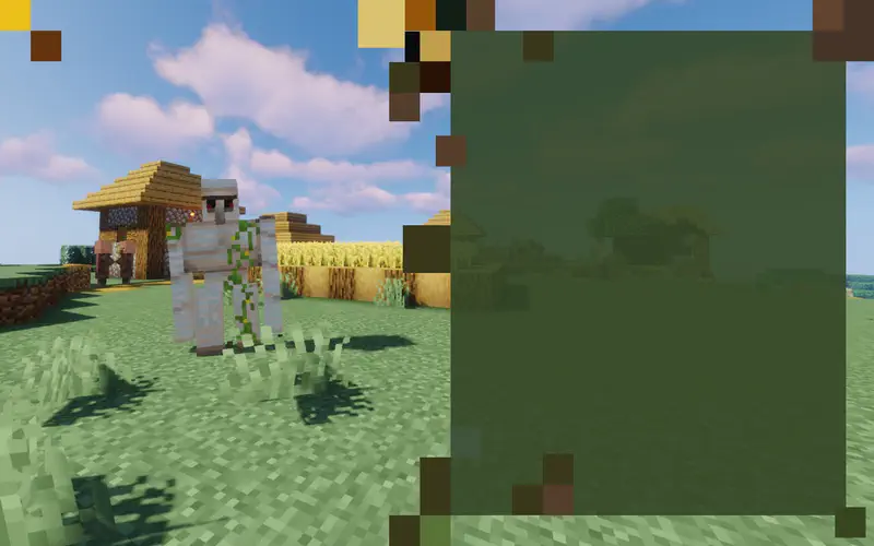 A large iron golem with vines stands in a Minecraft village with thatched-roof buildings and wheat fields in the background.