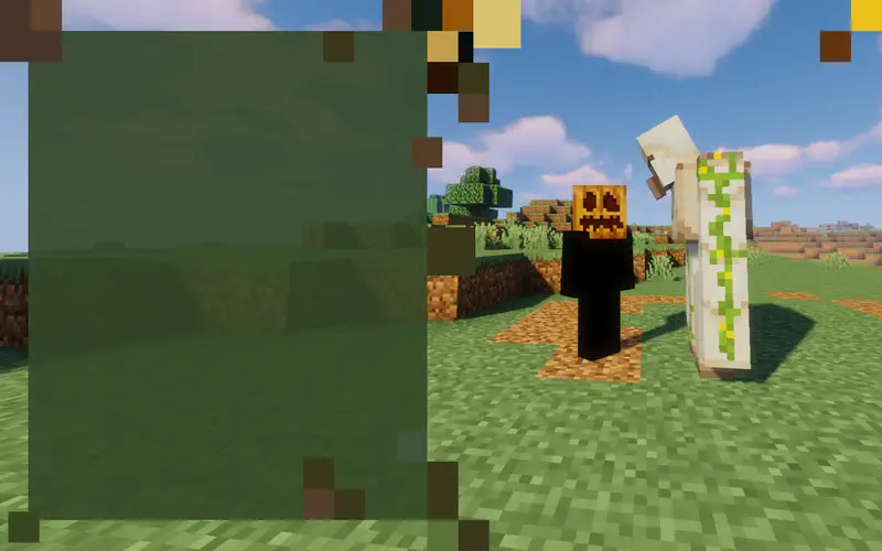 Jack with pumpkin head tries to steer the iron golem which stands still on a dirt path in a Minecraft village.