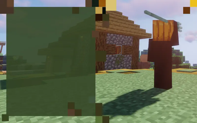Jack with pumpkin head stands on a hill thinking of a plan while looking up at the blue sky in Minecraft.