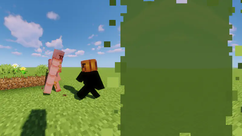 Jack pushes against a tall iron golem trying to move it across a green grass field with flowers nearby in Minecraft.
