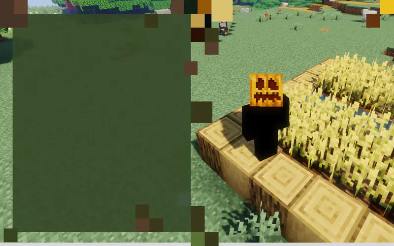 A Minecraft farm scene with Jack wearing a pumpkin head standing on wooden planks near wheat fields under a green sky.