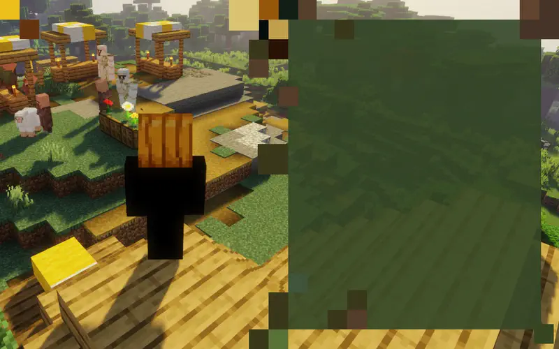 Jack with pumpkin head looks down at a busy Minecraft village where the iron golem has found a new home to protect.