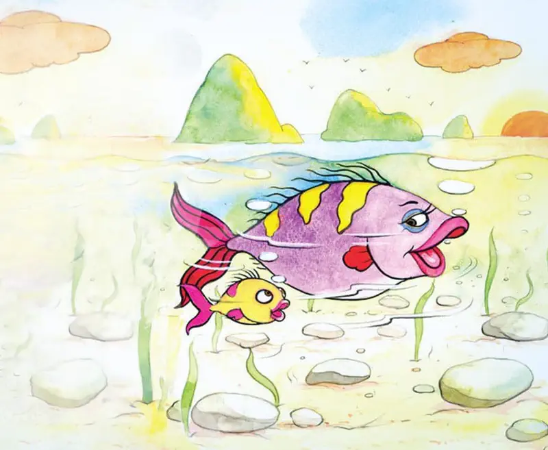 A colorful mother fish with purple and yellow stripes swims with her small yellow child fish in shallow water with mountains in the background.