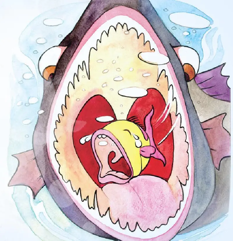 A frightened little yellow fish trapped inside a large fish's open mouth with sharp teeth, crying out in fear.