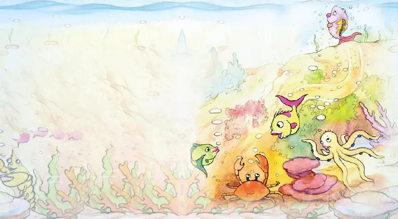 An underwater coral reef scene with the little yellow fish meeting sea creatures including a crab, octopus, and other fish among colorful coral.